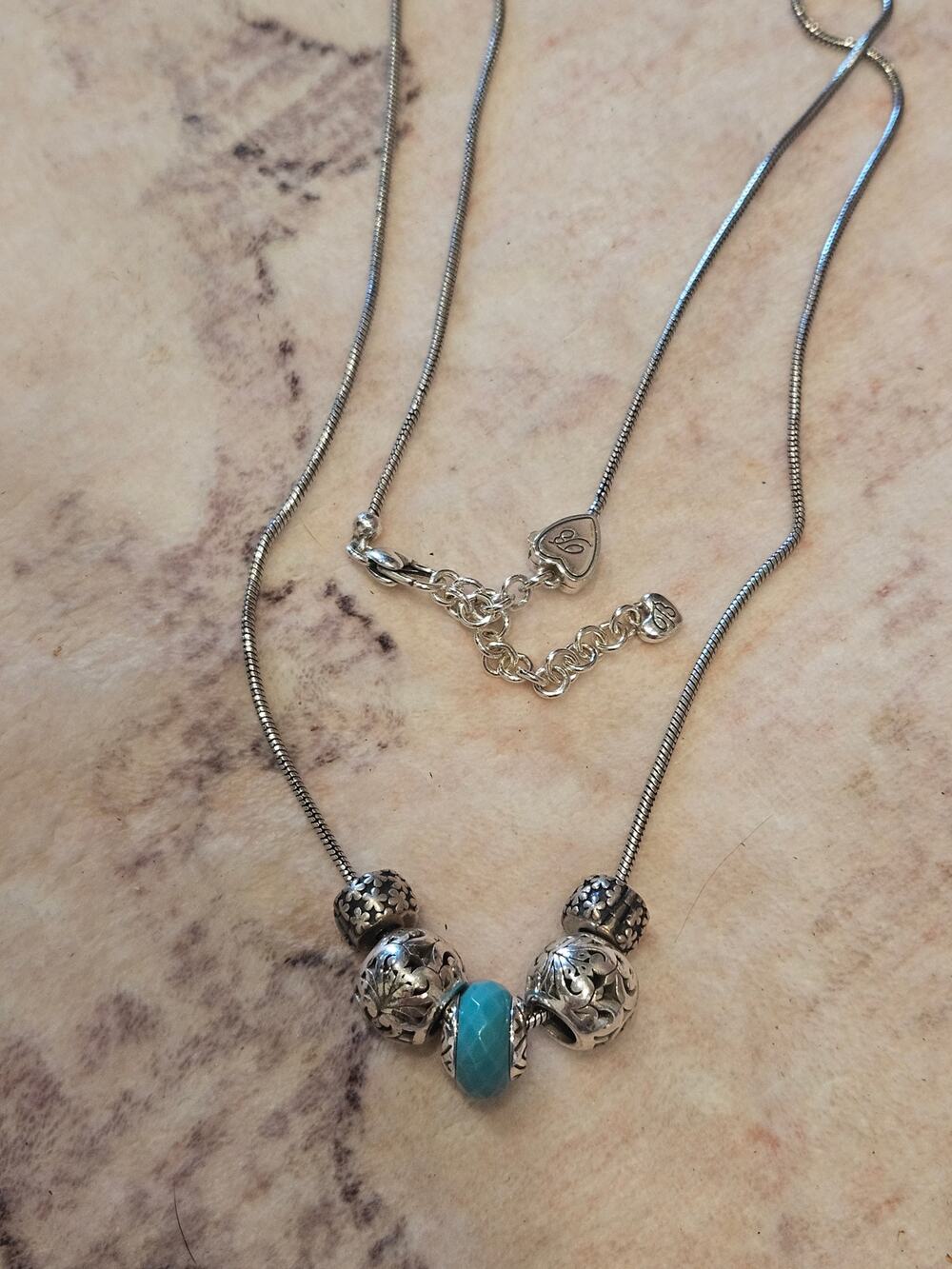 Brighton vintage barrel slider charm necklace 5 bead silver turquoise